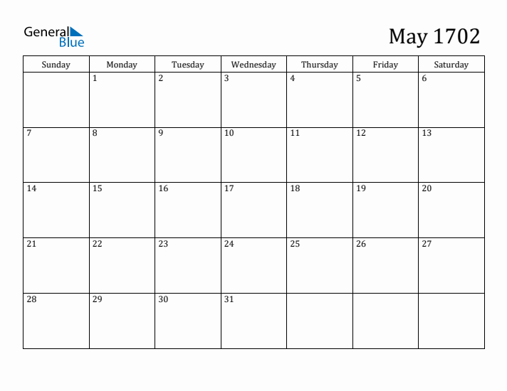 May 1702 Calendar