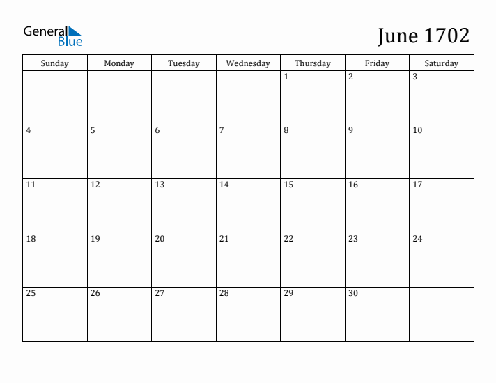 June 1702 Calendar