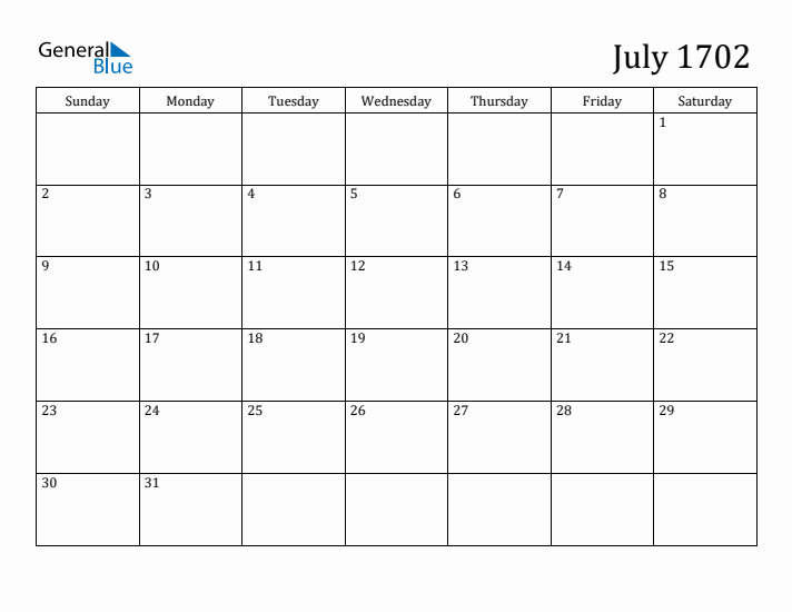 July 1702 Calendar