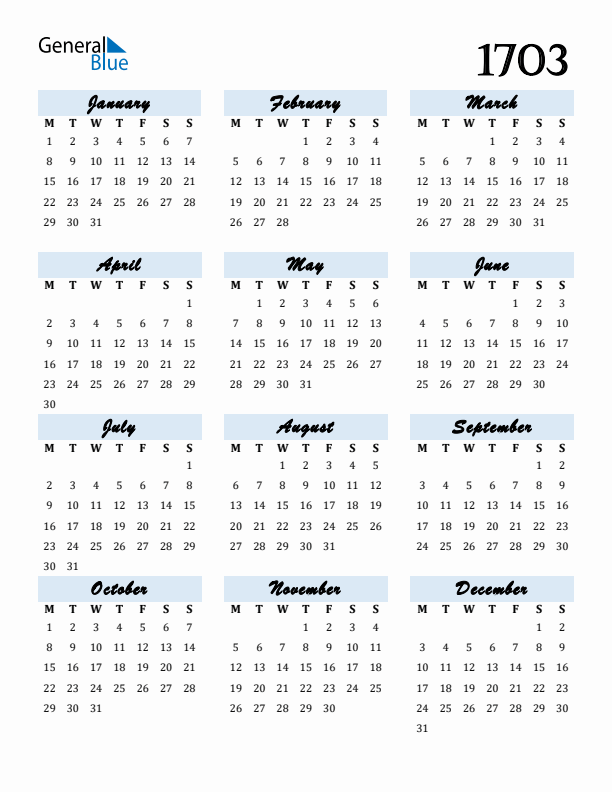 Calendar 1703 Free Download and Print