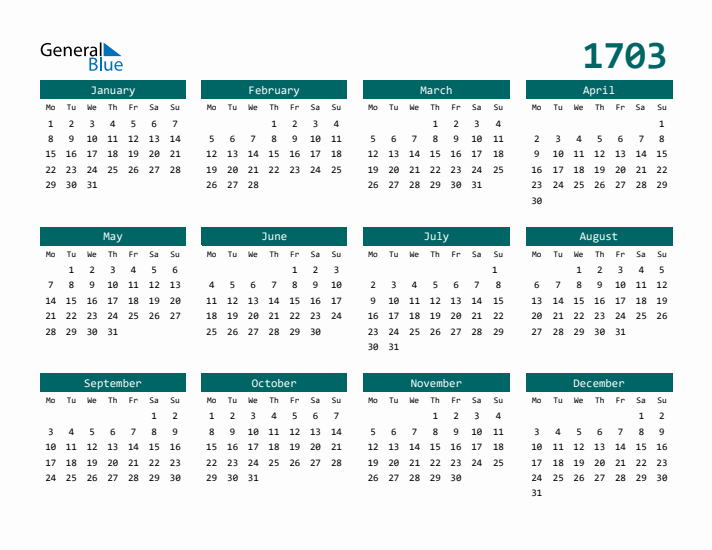 Downloadable 1703 Calendar