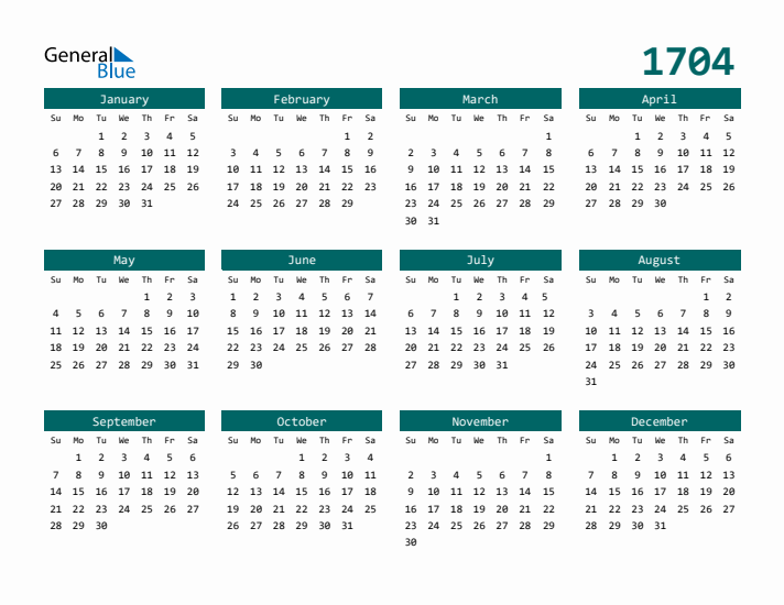 Downloadable 1704 Calendar