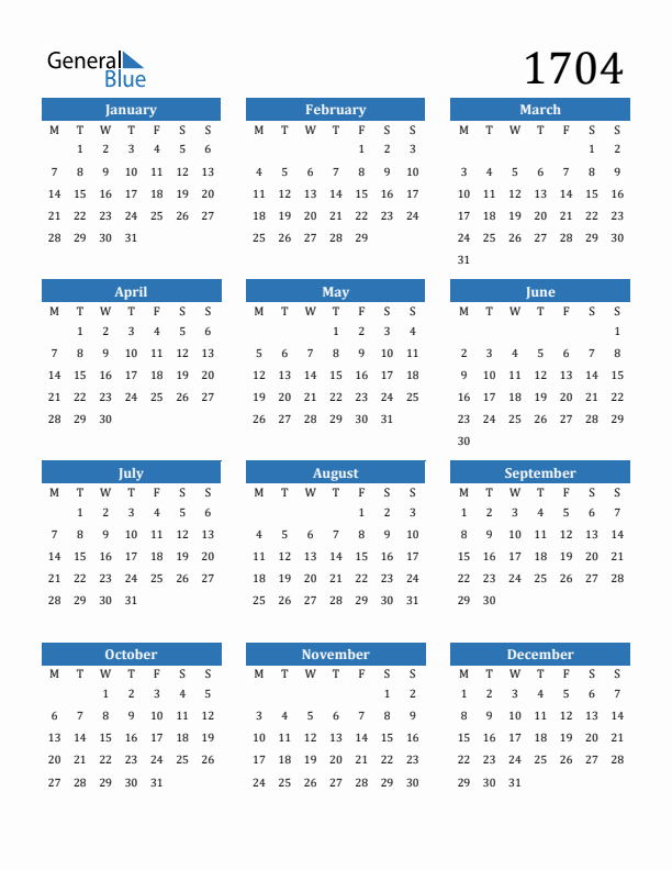 1704 Calendar