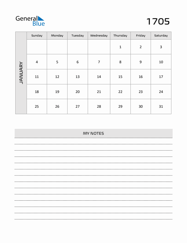 January 1705 Calendar Printable