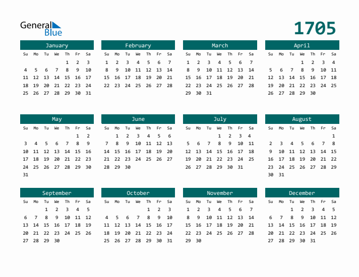 Downloadable 1705 Calendar