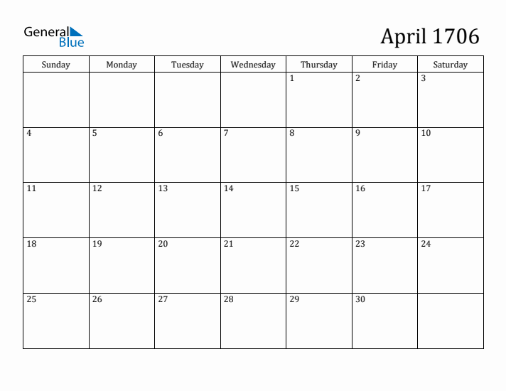 April 1706 Calendar