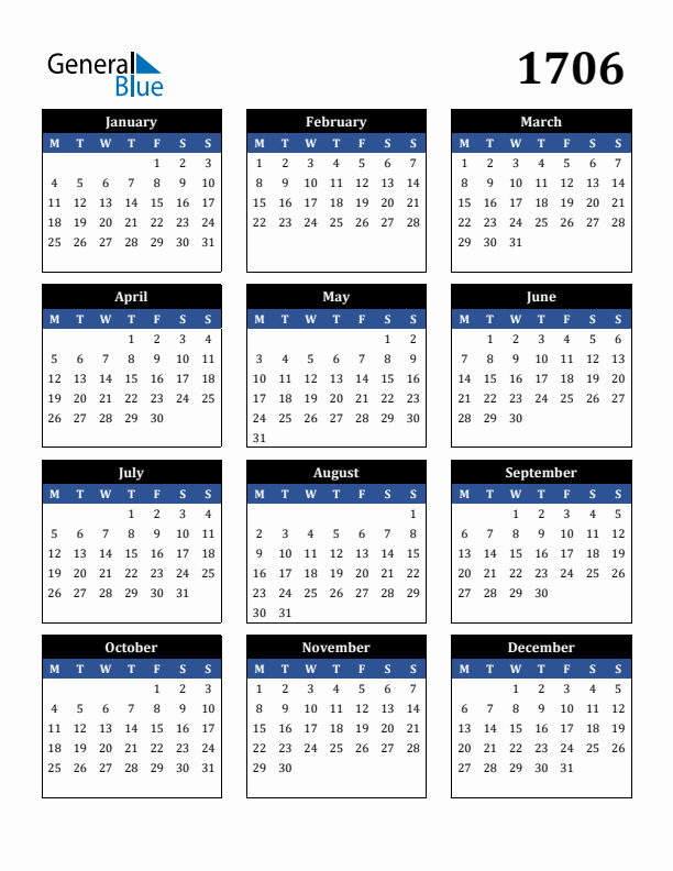 Editable Calendar 1706 - Monday Start