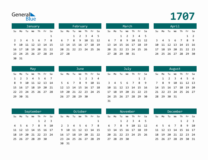 Downloadable 1707 Calendar