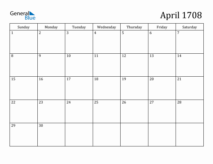 April 1708 Calendar