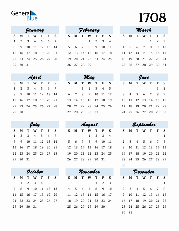 Calendar 1708 Free Download and Print