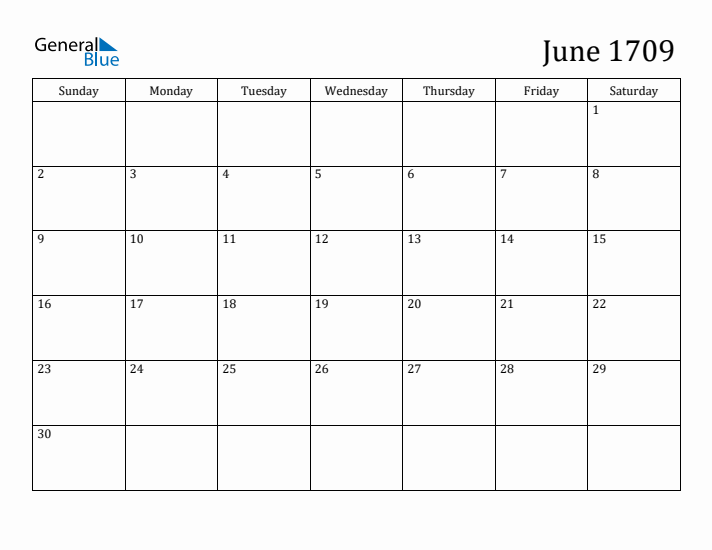 June 1709 Calendar