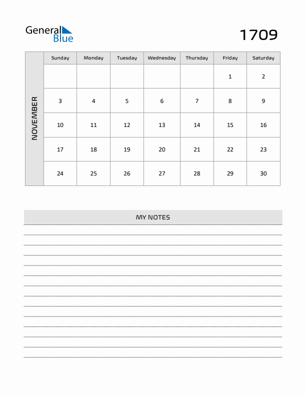 November 1709 Calendar Printable