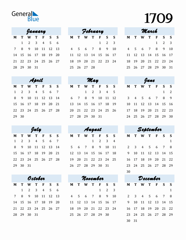 Calendar 1709 Free Download and Print