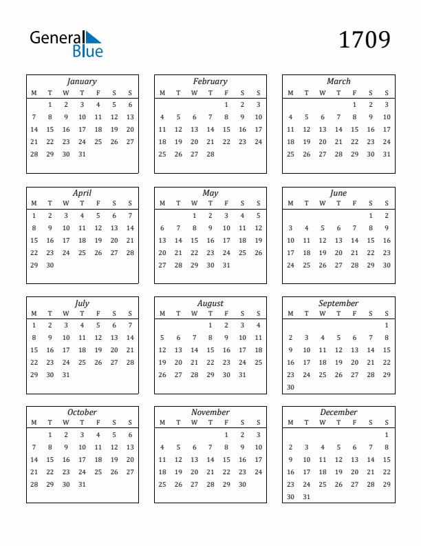 Blank Calendar 1709