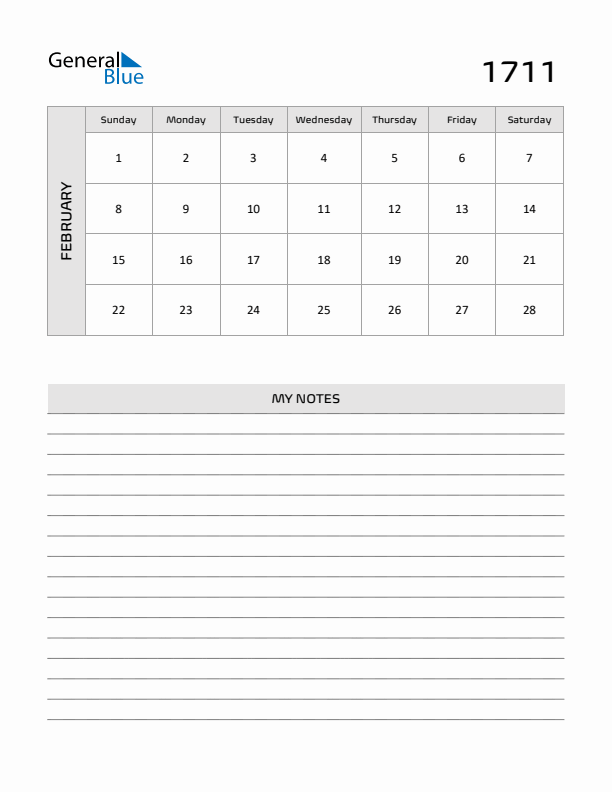 February 1711 Calendar Printable