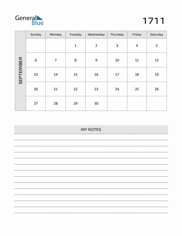 September 1711 Calendar Printable