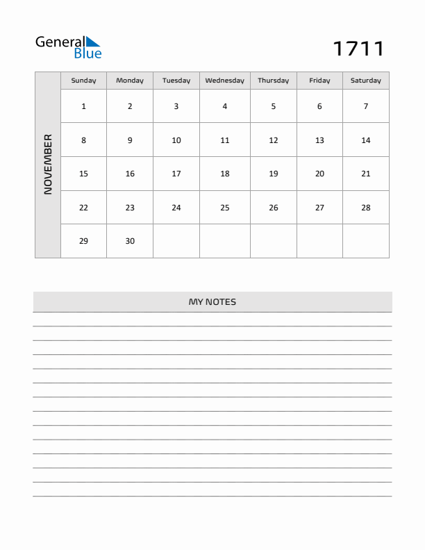 November 1711 Calendar Printable