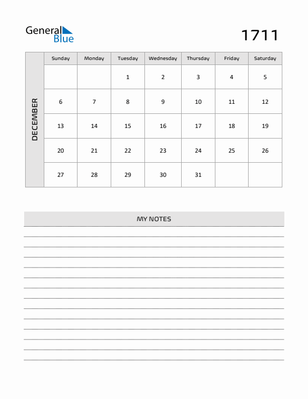 December 1711 Calendar Printable