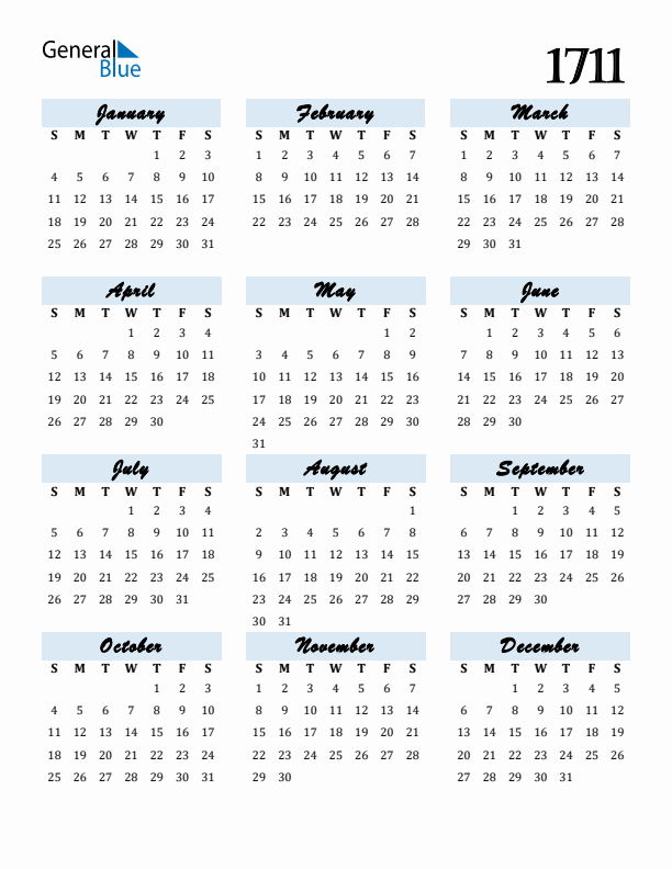 Calendar 1711 Free Download and Print