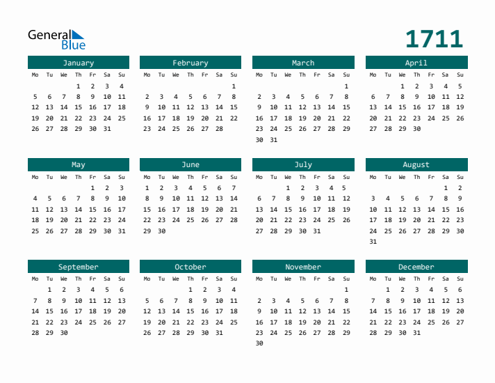 Downloadable 1711 Calendar