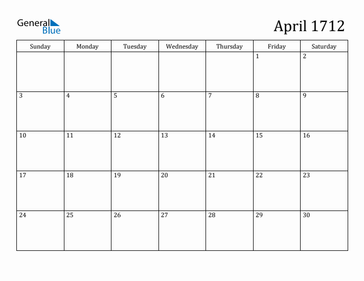 April 1712 Calendar