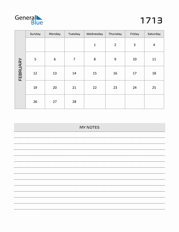 February 1713 Calendar Printable