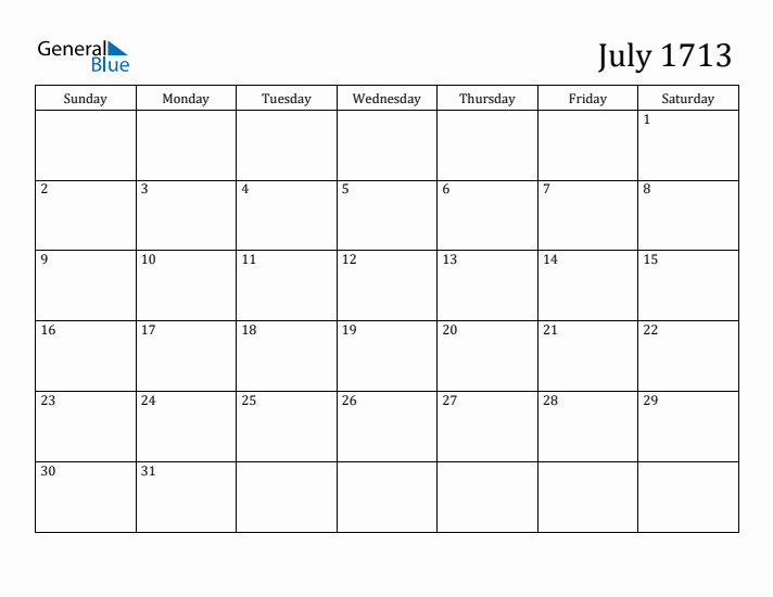 July 1713 Calendar