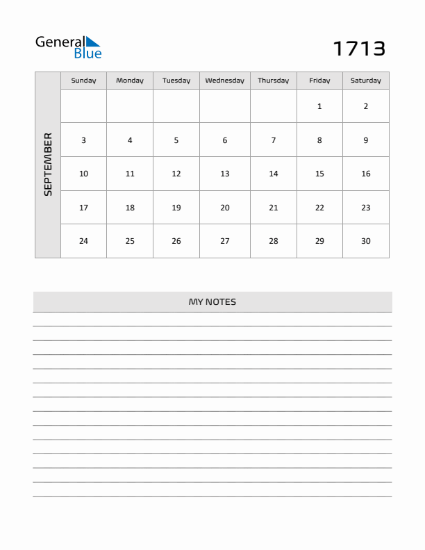 September 1713 Calendar Printable