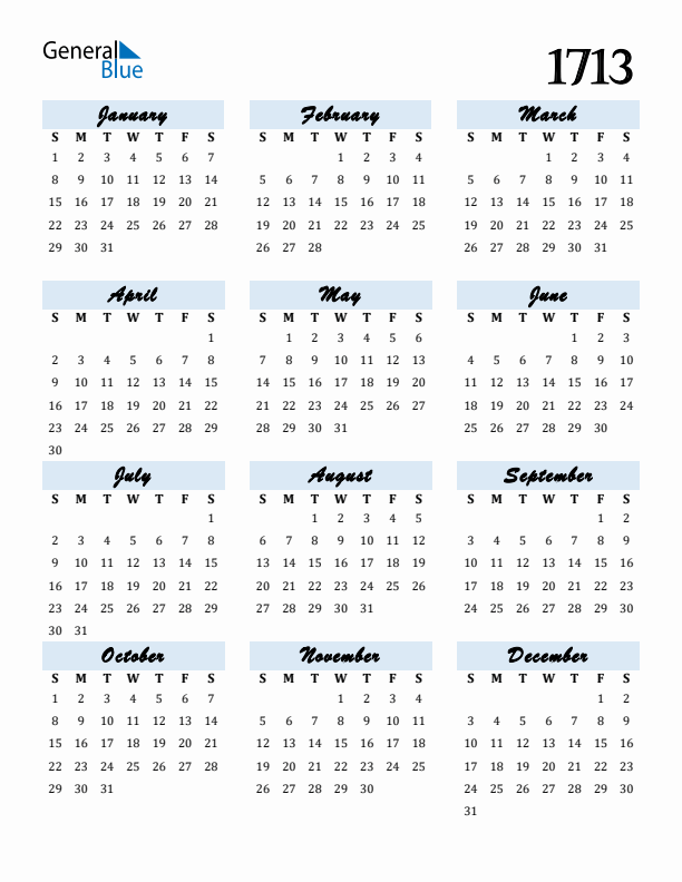 Calendar 1713 Free Download and Print