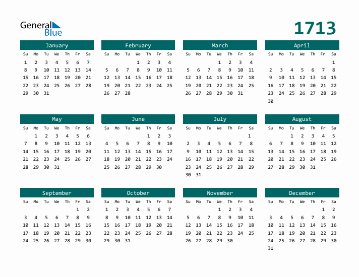 Downloadable 1713 Calendar