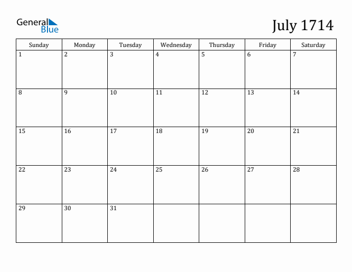 July 1714 Calendar