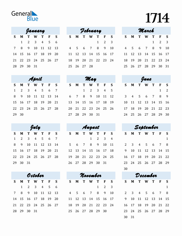 Calendar 1714 Free Download and Print