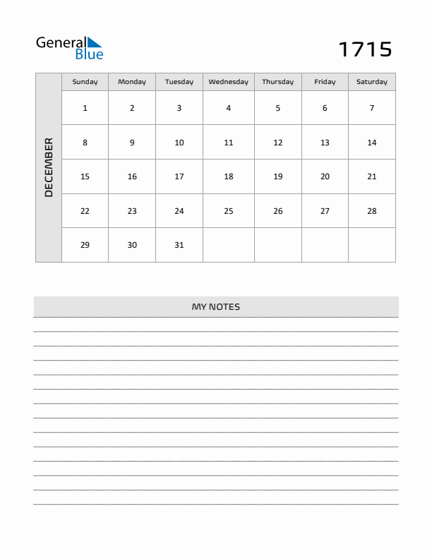 December 1715 Calendar Printable