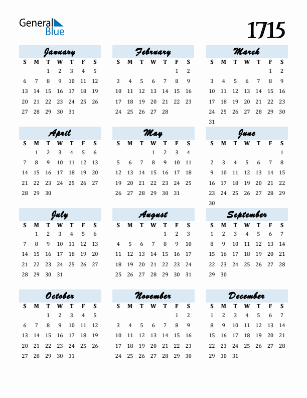 Calendar 1715 Free Download and Print