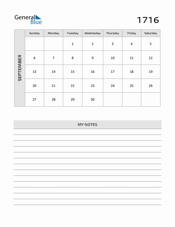 September 1716 Calendar Printable