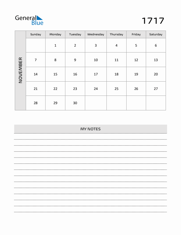 November 1717 Calendar Printable