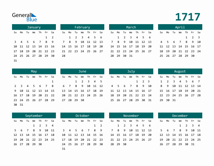 Downloadable 1717 Calendar