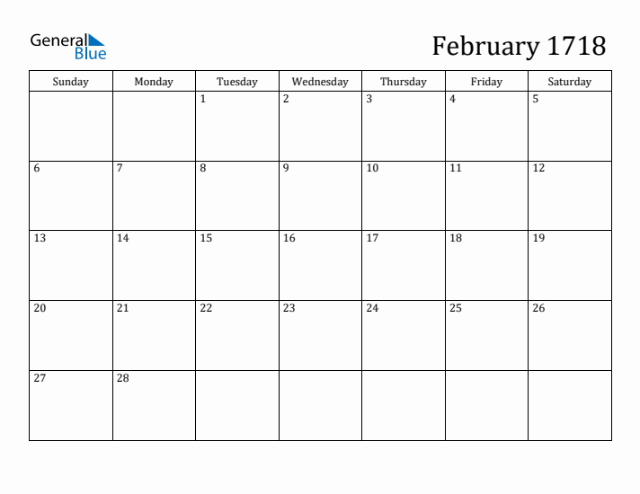 February 1718 Calendar