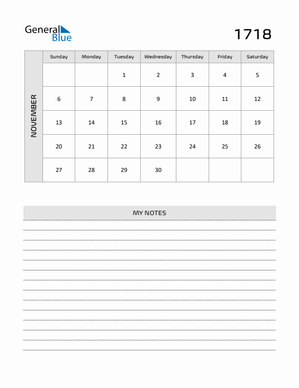 November 1718 Calendar Printable