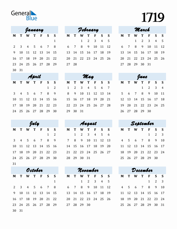 Calendar 1719 Free Download and Print