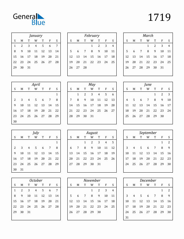 Blank Calendar 1719