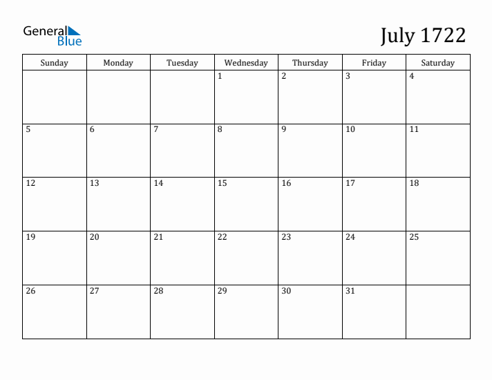 July 1722 Calendar