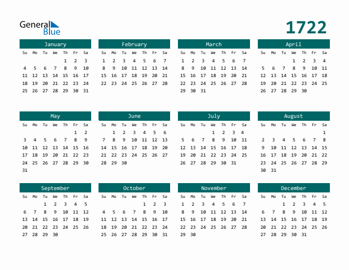 Downloadable 1722 Calendar