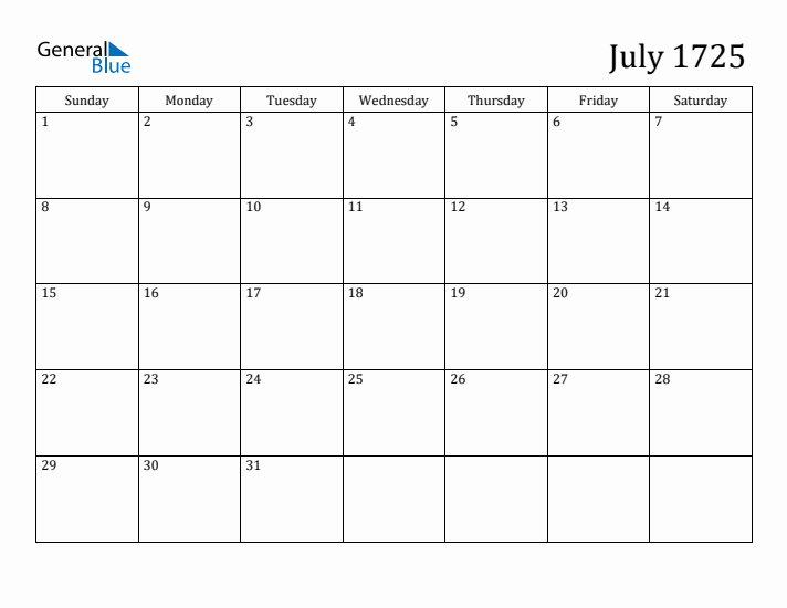 July 1725 Calendar