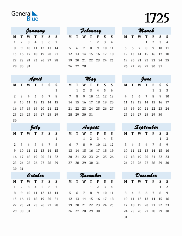 Calendar 1725 Free Download and Print