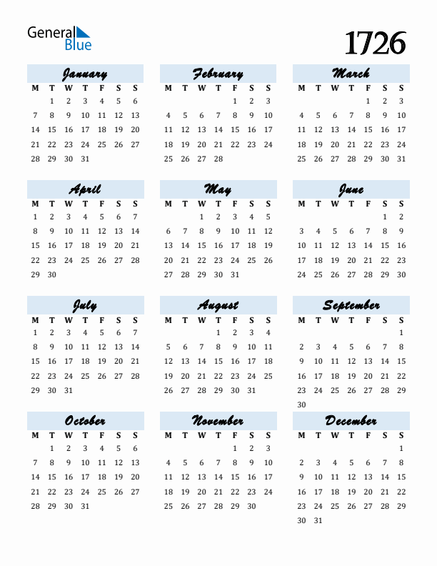 Calendar 1726 Free Download and Print