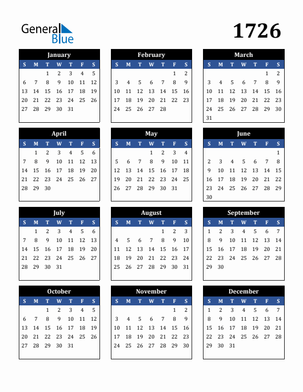 Editable Calendar 1726 - Sunday Start