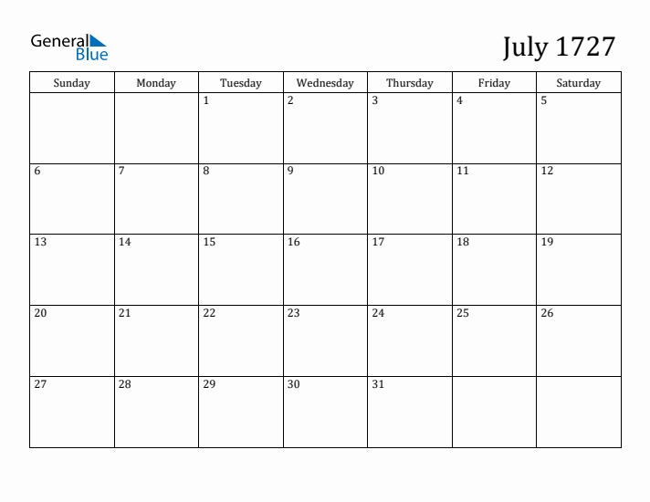 July 1727 Calendar