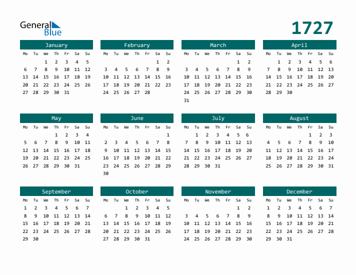 Downloadable 1727 Calendar