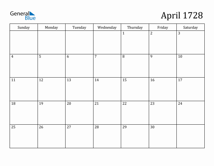 April 1728 Calendar